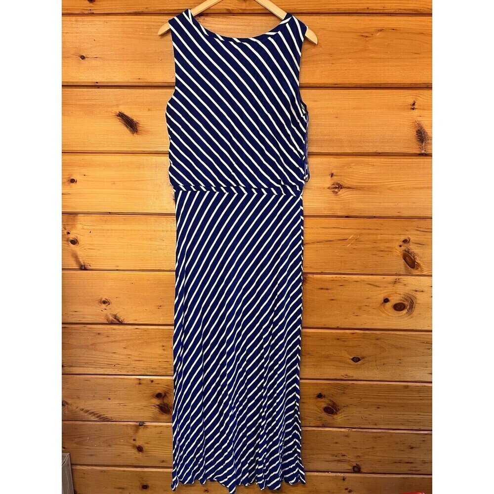 Talbots Women's Maxi Dress Royal Blue White Stripe Sleeveless  Sz M Belted - Picture 4 of 4
